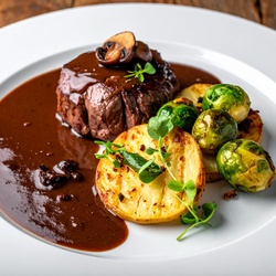 Steak de cerf à la sauce Porto et choux de Bruxelles sautés
