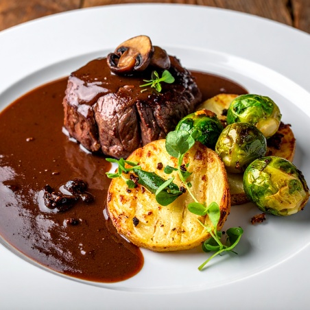 Steak de cerf à la sauce Porto et choux de Bruxelles sautés