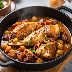 Cuisses de lapin au lard et petits oignons